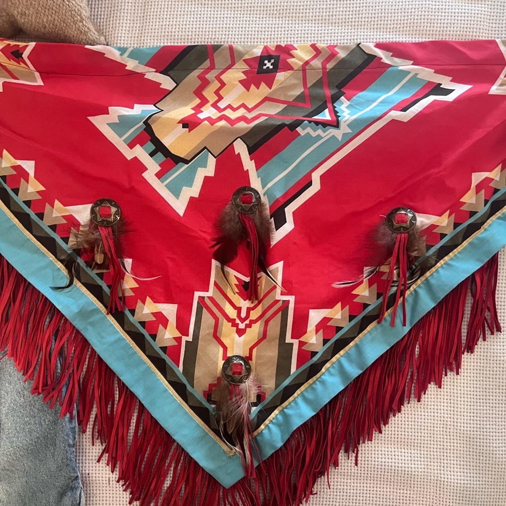 Red and Turquoise Geometric Fringe Scarf